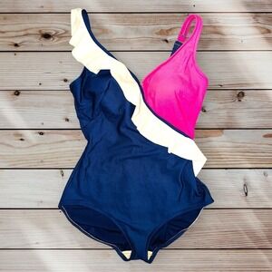D5 Vintage Perfection Fit by Roxanne Swimsuit One-piece Size 14 C Pink Navy